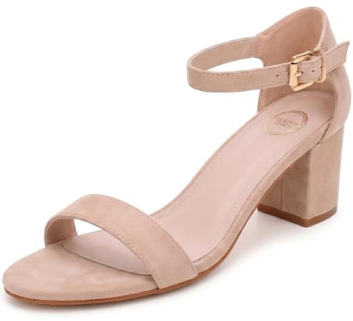 Ladies Womens Low Mid Heel Block Peep Toe Ladies Ankle Strap Party Strappy Sandals UK Size 3-8 (4 UK, Nude Suede)