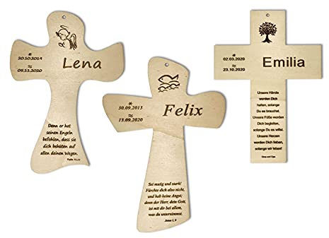 STREIFHOLZ Taufkreuz mit Taufspruch personalisiert individuelles Kreuz aus Holz für Patenkind, zur Geburt und Taufe, Geschenk für Jungen und Mädchen