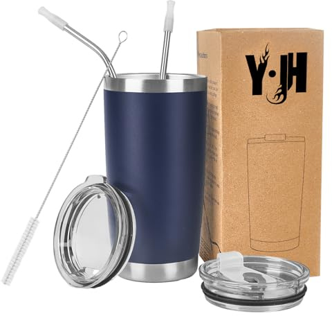 Y·J&H resebehållare med dubbla väggar, vakuumisolerad kaffemugg i rostfritt stål med 2 stänksäkra lock, 2 sugrör och gratis rengöringsborste, BPA-fri