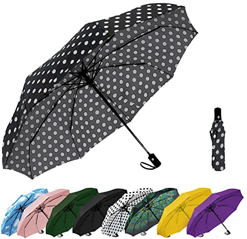 SIEPASA Windproof Travel Compact Umbrella-Automatic Umbrellas for Rain- Folding Umbrella, Travel Compact Umbrella.(Black Polka Dots)