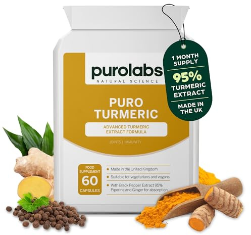 Purolabs Turmeric and Black Pepper Capsules (High Strength) - 95% Curcumin Extract Tablets with Ginger for Men & Women | 60 Vegan Capsules | Made in The UK