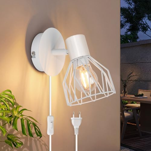 Kimjo Applique da Parete Interno - Lampada Camera da Letto con Spina e Interruttore - LED Bianco con Cavo - Faretti E14 da Muro Senza Lampadina