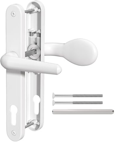 Bwintech 1 Pcs Blanco Aluminio UPVC Manija de la puerta, palanca/almohadilla en línea 92mm,211mm Distancia del agujero del tornillo,243mm Longitud de la placa Manijas delanteras para puertas de UPVC
