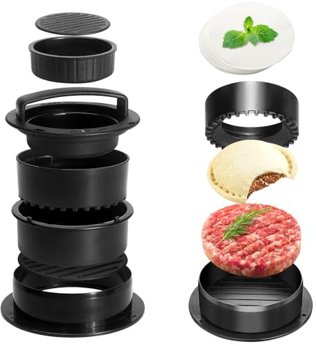 Fsawdnn Hamburger Patty Maker, 4-in-1 Burger Press Patty Maker Slider, Stuffed Burgers & Sandwiches Cutter, Hamburger Patty Maker for Home Cooks and Burger Lovers with 100 pcs Wax Disc Papers