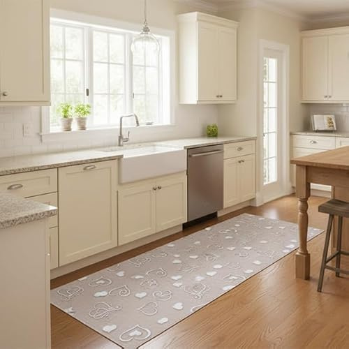 SaRani Tappeto Guida Passatoia Corsia Runner da Cucina Gomma Antiscivolo Fantasia Cuore Bianco (Beige, 200x50 cm)
