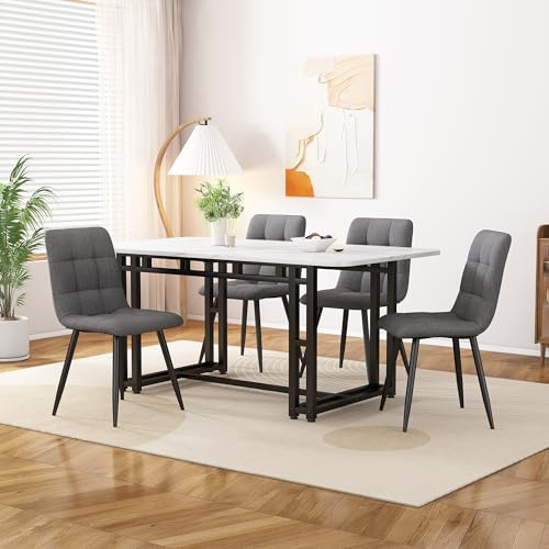 Matbordsset på 120 x 70 cm med 4 mörkgrå linnestolar, modernt möbelset med svarta järnben, perfekt för kök och vardagsrum, enkel installation, elegant design