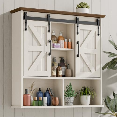 Vabches Bathroom Wall Cabinet, Farmhouse Medicine Cabinet with Double Sliding Barn Door and Adjustable Shelves, Wooden Vintage Storage Cabinet Wall Mounted for Bathroom, Kitchen Dining, Rustic White