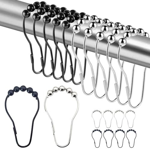 Anneaux de Crochet pour Rideau de Douche,20 pièces Anneaux de Douche en Acier Inoxydable,73 * 38mm Crochets de Rideau de Douche avec Système Coulissant,Noir, Argent