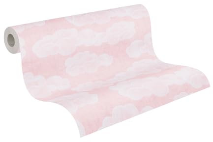 A.S. Création Kinderzimmer-Tapete Lilly & Luis - Strapazierfähige Vliestapete in Wolken-Optik - 10,05 m x 0,53 m - Rosa, Weiß - Made in Germany – 771432