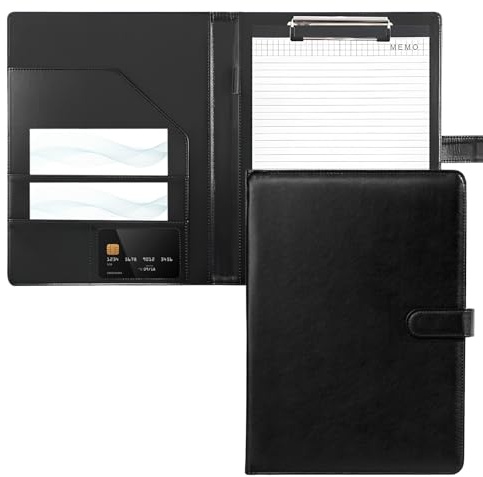Clipboard A4 with Lid - PU Leather Wallet Writing Folder with Document Compartments, Pen Holder & Magnetic Closure - Professional Conference Folder (Black)