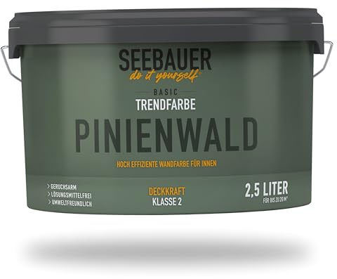 SEEBAUER diy Trendfarbe Dunkelgrün 2,5L (No. T09 Pinienwald) für den Innenbereich - Edelmatte Wandfarbe Grün - Hochdeckende Innenfarbe in Profi-Qualität