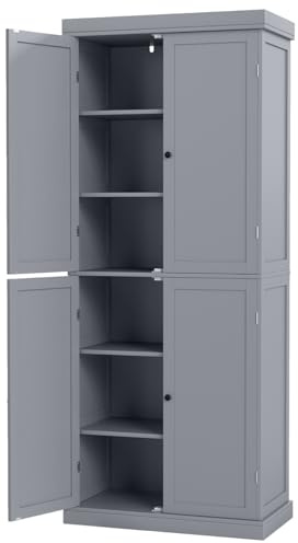 GiantexUK Tall Kitchen Cupboard, Pantry Storage Cabinet with 4 Doors, Adjustable Shelves & Anti-Tipping Device, Freestanding Kitchen Sideboard Units for Dining Living Room (Grey, 76x40x184cm)