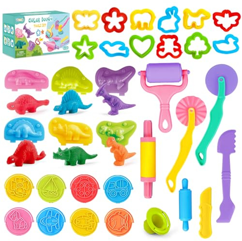 VConejo 34 Pcs Dough Tools Set for Kids 3+, Colour Dough and Modelling Clay Accessories with Dinosaur Moulds, Animal Cutters, Rolling Pins, Stamps and Shaping Tools