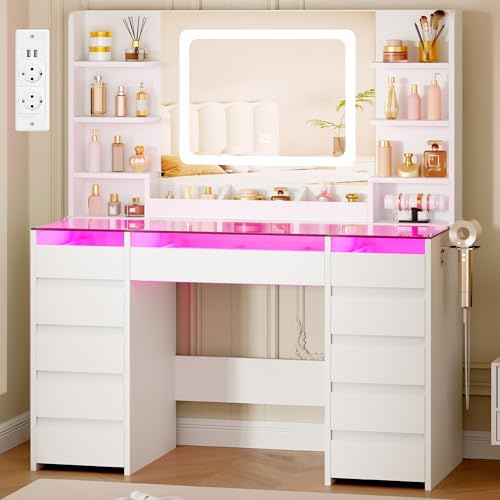 BEWISHOME Coiffeuse avec Miroir LED et Éclairage RGB,Bureau en Verre | Blanc Coiffeuse avec 11 tiroirs RGB et 6 Étagères, Table de Maquillage avec Pris, Grande Coiffeuse Moderne pour Chambre