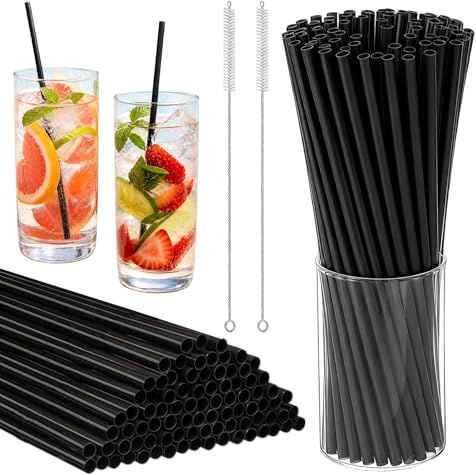 SPOKKI 100 Strohhalme Schwarz 26 x 0,6 cm,Wiederverwendbar PP Trinkhalme mit 2 Edelstahl Reinigungsbürsten, lange schwarze Strohhalme für Cocktails, Kaffee, Milch, Saft, Party, Bar und Café