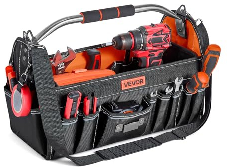 VEVOR Sac à Outils Ouvert 410 mm, Sac de Rangement d'Outils à 33 Poches, Grande Capacité et Portable, pour Électricien, Bricolage et Chantier, avec Poignée, Bandoulière Réglable et Pieds Antidérapants