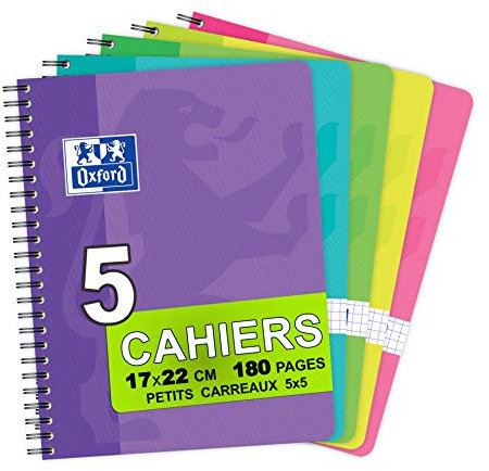 Oxford Lot de 5 Cahiers à Spirales 17x22 cm 180 Pages Petits Carreaux 5x5, Couleurs Assortis