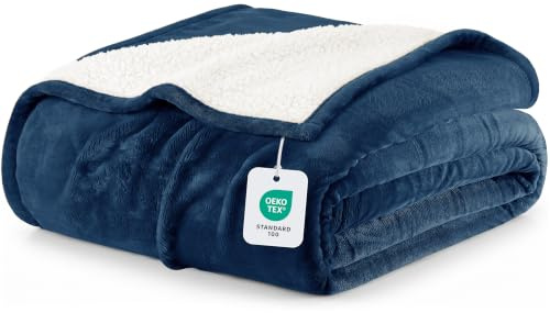 Utopia Sängkläder Sherpa filt [Mörkblå, 228x288 cm] - 480 GSM Tjock varm fleece vändbar filt för säng, soffa, soffa, camping och resor