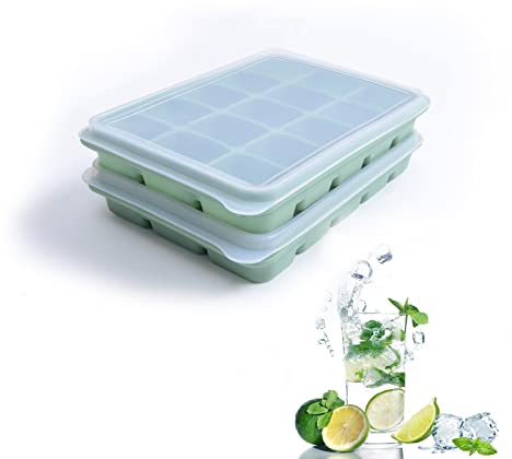 Ice Cube Trays Set of 2, Easy Release 15 Flexible Silicone Ice Cube Molds with Removable Lid Reusable Freezer Ice Trays Stackable for Whiskey, Baby Food, BPA Free (BAMBOO GREEN)