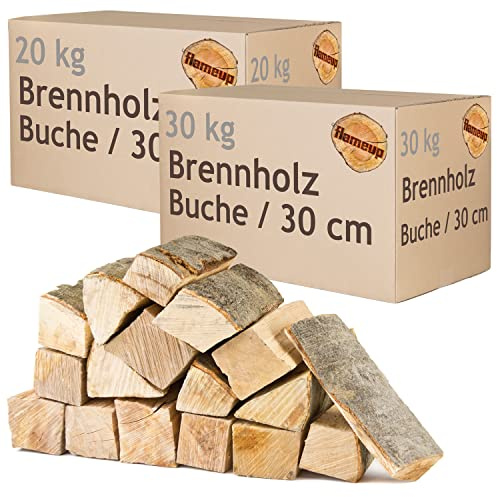 Leña Madera 50 kg para Estufa y Chimenea Brasero Parrilla Cesta de Fuego Troncos de Madera de Haya 30 cm Flameup