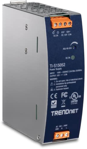 TRENDnet Fuente de alimentación Industrial de riel DIN de 150 W, 52 V CC, 2.89 A CA a CC, función de Controlador de Factor de Potencia incorporada, Rango de Temperatura de Funcionamiento Extremo -25°
