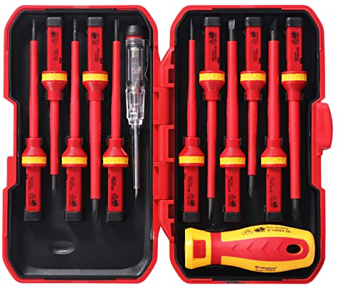 eROOSY Lot de 13 tournevis isolés VDE Cr-V 1000 V pour électricien, tournevis magnétiques isolés, cruciforme, Pozidriv Torx