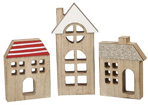 RiloStore 3 STK Deko Haus Holzhaus o943 grau braun rot Weiss Gold Shabby Chic Dekohaus Häuser Weihnachtsdeko Winterdeko Raumdeko Holzhäuser Aufsteller Häuschen