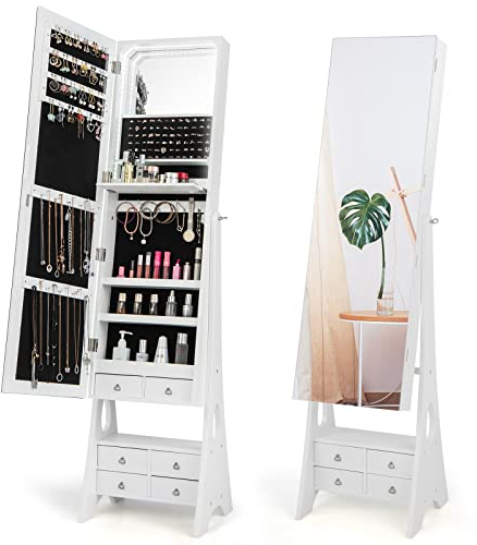 COSTWAY Armario para Joyas con Espejo, Espejo joyero con Luces LED, Estante de Maquillaje, Ángulos de Inclinación Ajustables y Gran Capacidad de Almacenamiento, Armario Joyero (Blanco)