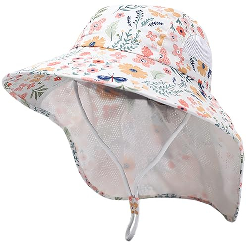 XYIYI Kids Beige Floral Sun Hat Flap Neck Protection Adjustable Chin Straps Sun Protection Hats for 3-8 Years Old Boys Girls