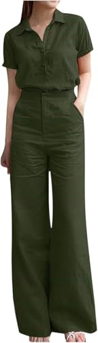 Goolecrimp Set da Donna in Cotone e Lino a Pieghe Elegante Top con Risvolto + Pantaloni a Gamba Larga Set di Pantaloni Casual Giacca da Lavoro aerodinamica Set Sportivo a Due Pezzi (Verde Militare,M)