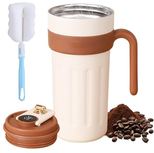 Gohytal Taza de café para llevar de 650 ml con pantalla digital, vaso de viaje a prueba de fugas, taza de viaje con tapa y asa, acero inoxidable 316, taza de viaje aislada con cepillo de limpieza de