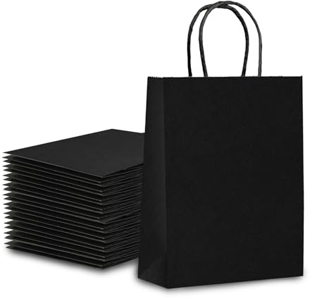 Papperspåsar med handtag, 20 papperspåsar, 22 x 15 x 8 cm, blå för födelsedagsfest, bröllop, present, restaurang, takeaway, shopping, detaljhandel, (svart)
