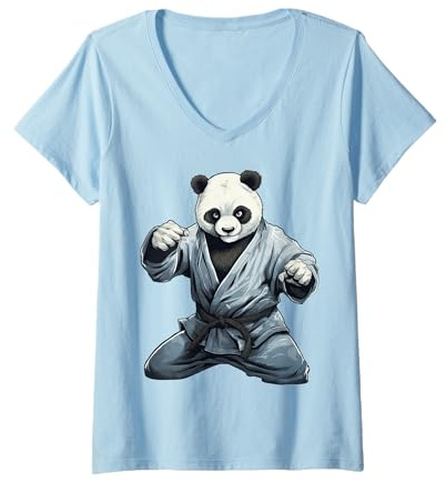 Femme Panda Karaté Kung Fu Taekwondo Arts Martiaux Judo Jujutsu T-Shirt avec Col en V