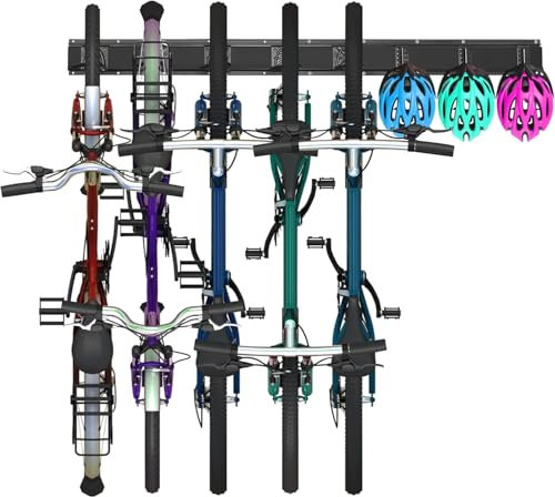 OUUTMEE Support Mural pour Vélos, Vélo Mural Porte pour 5 Vélos et 3 Casques, Crochet Vertical pour Vélo de Route ou de Montagne, Crochet Mural de Fixation pour Garage et Maison (Noir)