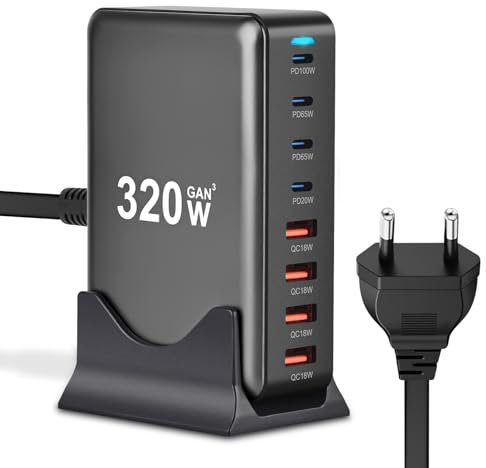 Cargador de 320 W, Múltiple, 8 Puertos USB-A y USB-C, Estación de Carga Rápida PD PPS 100 W, Fuente de Alimentación para MacBook Pro/Air, iPad Pro/Air, Sumsung