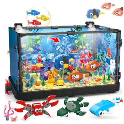 Aquarium Building Block, Aquarium Fish Tank Bauspielzeug Mit Led Licht, Fischen Tank Klemmbausteine Bausatz, mit Drehbare Quallen, Korallen, Tiefseefische Für Kinder Ab 8 Jahren Und Erwachsene