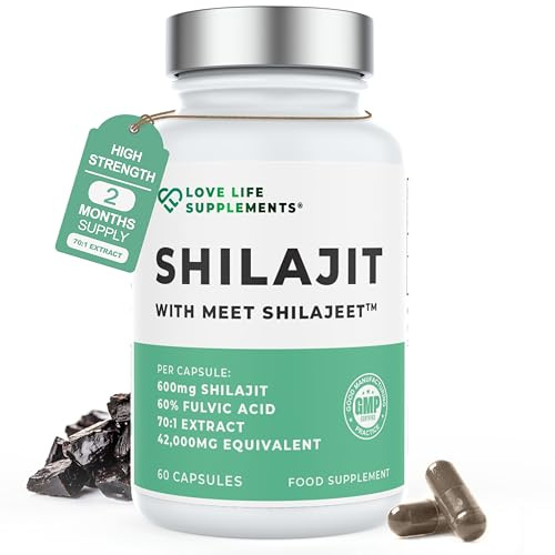 High Strength Shilajit Capsules, 60 x 600mg from 42,000mg Shilajit Resin, 2 Month Supply, 70:1 Extract, 60% Fulvic Acid, Pure Shilajit No Fillers - Energy, Stamina & Mood Support