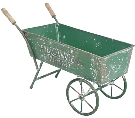 Z² BellaDecor 15 Inch Farmhouse Small Flower Cart with Wooden Handles Metal Wagon Planters for Outdoor Plants Decorative Wheelbarrow Plant Cart for Patio Garden Balcony Green