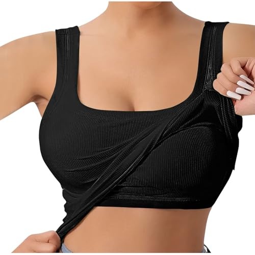 HEONSATI Canotta Cotone Donna Elegante Tank Top Cotone Senza Maniche Sportiva Canottiera Reggiseno Incorporato Maglietta Curvy Spalline Regolabili vestibilità T-Shirt Jogging Palestra Elegante Comodi