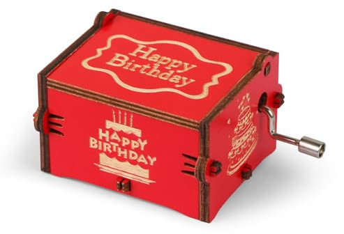 EVERMARKET Personalized Wooden Music Box Vintage Music Box Red Birthday Hand - Crank Music Box - Perfect Happy Birthday Gift