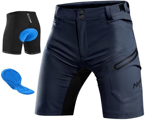Nepest - Pantalones cortos para ciclismo de montaña con acolchado 3D para hombre, MTB, con forro, acolchado, elásticos, secado rápido, bolsillos con cremallera, azul oscuro, M