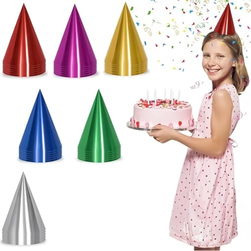 RGEVGER 24 Pcs Party Hats, Birthday Hat, Party-Hat for Adults and Kids, Multicolor Paper Metallic Foil Cone Hat, for Teddy Bear Hats, Birthday Partys and Christmas Celebration 6 Colors