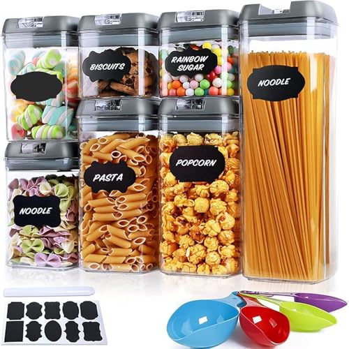 ITMNMNL MULEVIP Botes Cocina Juego de 7 Piezas Recipiente de Botes Sellado, Almacenamiento de Alimentos con Etiqueta y Cuchara,Apilable,para Almacenar Cereales Arroz,Harina,Spaghetti