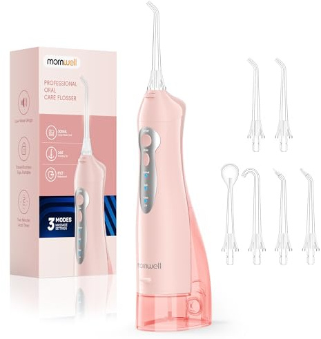 Mornwell Dental Jet Hydropulzer och irrigatorer, Sladdlös Munsköljare 3 lägen, 4 sprutmunstycken, IPX7 vattentät, 300ml djuprengöring, USB-laddningsbar (Rosa)