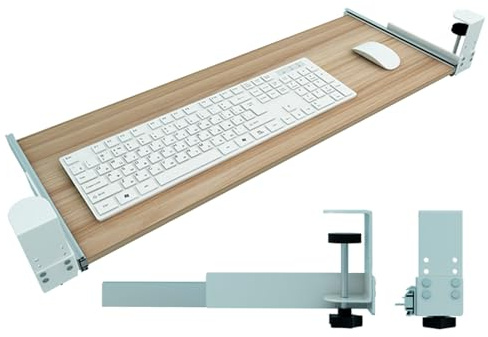 Justerbar tangentbordsbricka 55–75 cm – under skrivbord glidande träbricka med extra låda, C-klämma, musplattform och stöd för ergonomisk arbetsyta