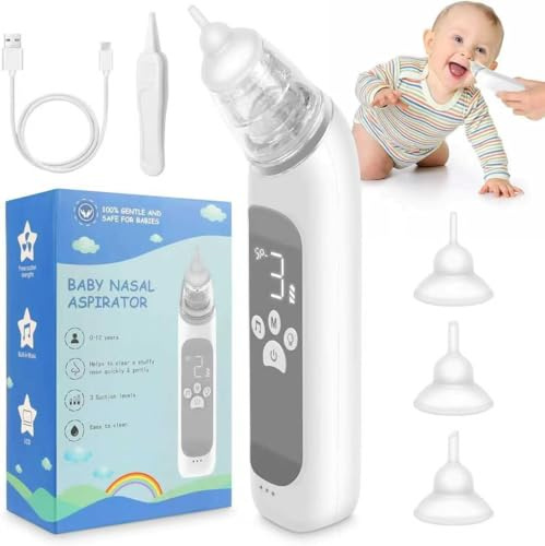 Aspiratore Nasale Elettrico per Bambini, Ventosa Nasale con Livello di Aspirazione Regolabile, Funzione Musica e Lenitiva (Bianco e grigio, M1)