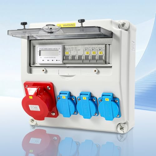 Peviasot Distribuidor de corriente de pared con contador de electricidad, distribuidor de corriente de construcción de 3 fases de 5 pines con MCB, 3 enchufes Schuko de 230 V y enchufe CEE 32 A, para