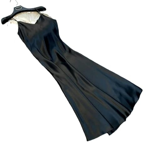 Fryloo Abito Donna Lungo da in Satin con Scollo A V, Senza Maniche, Schienale, Lacci, Elegante Estivo Sera per Le Vacanze-Nero-l