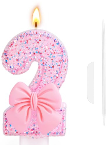 AYBUY Velas de cumpleaños número 2, Velas de Pastel de Cumpleaños, 3D Lazo Rosa, Birthdays Glitter Number Candle, decoración de fiesta temática de pastel de vela para celebraciones y aniversario