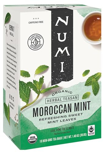 Numi Organic Moroccan Mint Tea Bags, 18 Tea Bags, Caffeine Free Herbal Mint Tea Bags